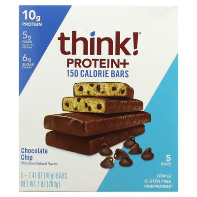 Think!, Protein+ 150 Calorie Bar, Chocolate Chip, 5 Bars, 1.41 Oz (40 G) Each