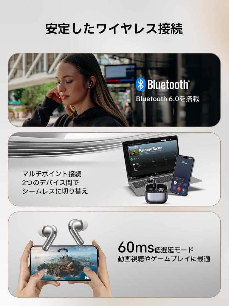 Edifier EvoBuds Pro Wireless Earbuds In-Ear Noise Cancelling Bluetooth 6.0 Hi-Res LDAC AI Voice Translation IP54 Waterproof 36H Playback Silver