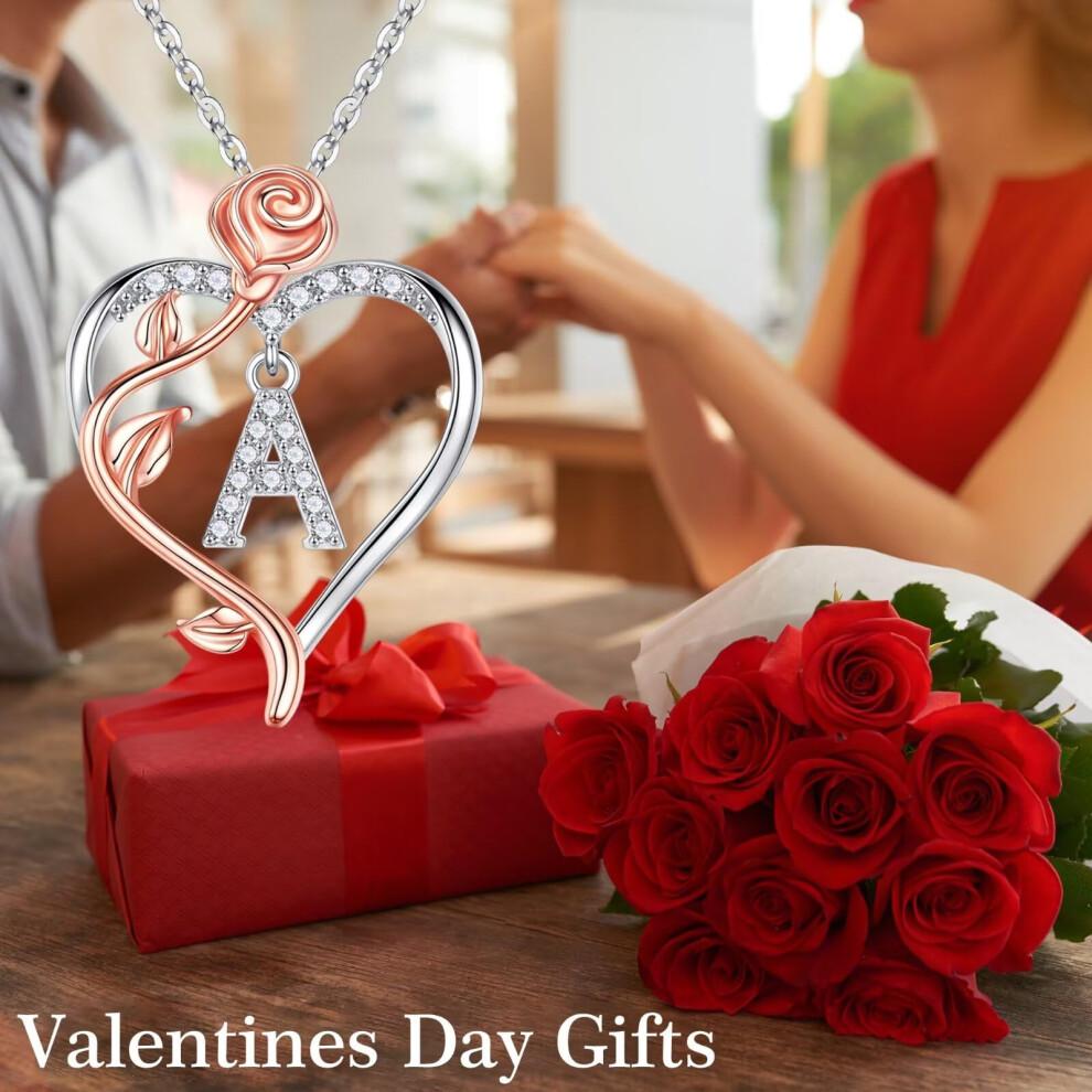 Iefil Dainty Necklace for Women 925 Sterling Silver Rose Love Heart Initial P Letter Pendant Necklace Jewelry Mothers Valentines Day Gifts for Her Wi