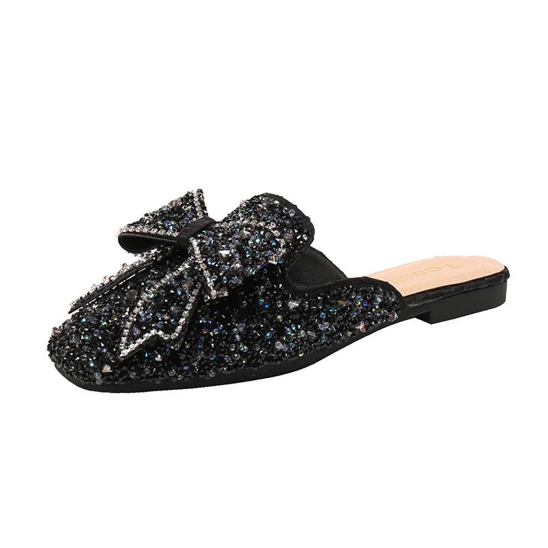 Baotou half slippers women's summer wear new bow-tie rhinestone cool slippers flat-soled single shoes half-tray shoes