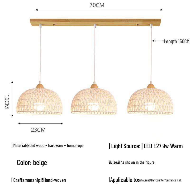 Solid Wood Pendant Light: Japanese Style Dining, Bar, Bedroom, Balcony, Retro Rattan Art, Cream Finish, Long Line Design.