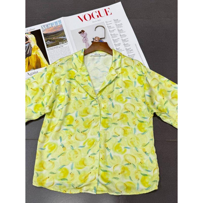 Foreign Trade Order a **R Yellow Lemon Oil Painting Print Loose Version Lapel Bright Color Comfortable Short Sleeve Shirts Top