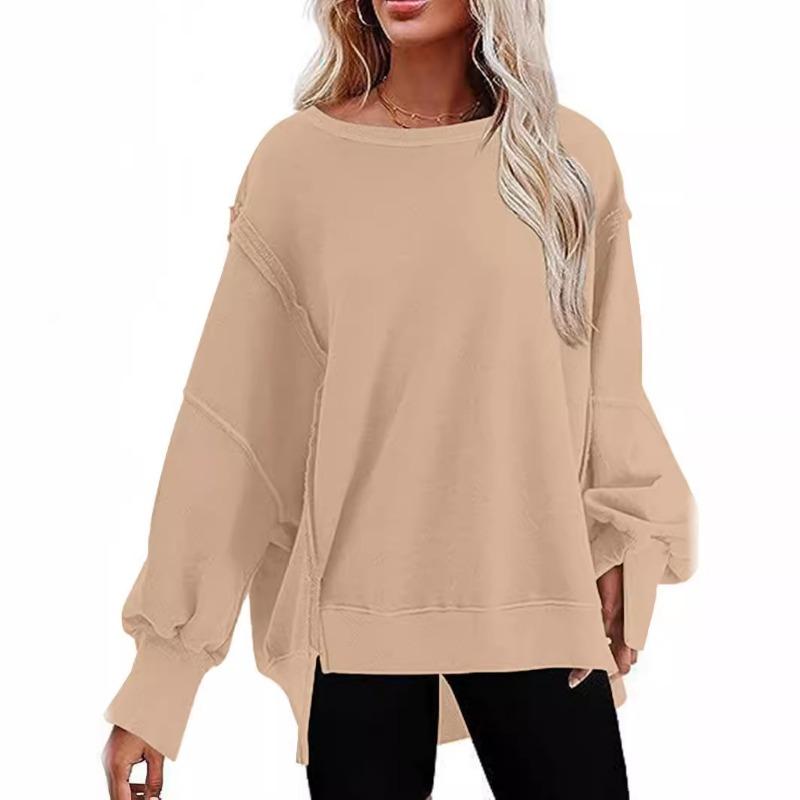 Autumn Solid Color Round Neck Long Sleeve Loose Fit Pullover Sweatshirt S абрикосовый