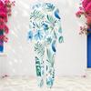 Women Plus Size White Teal Printed Round Neck Long Sleeve Cuffed Top And Cuffed Pants Two Piece Set