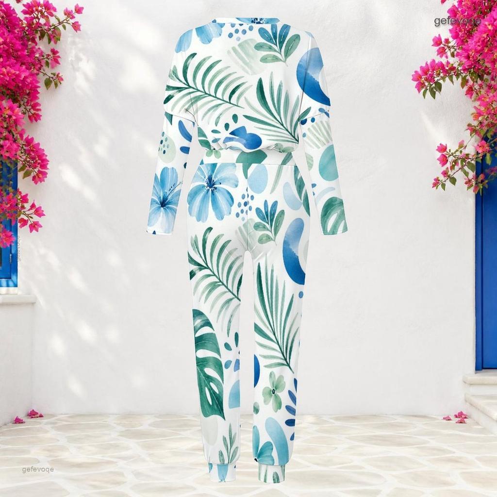 Women Plus Size White Teal Printed Round Neck Long Sleeve Cuffed Top And Cuffed Pants Two Piece Set