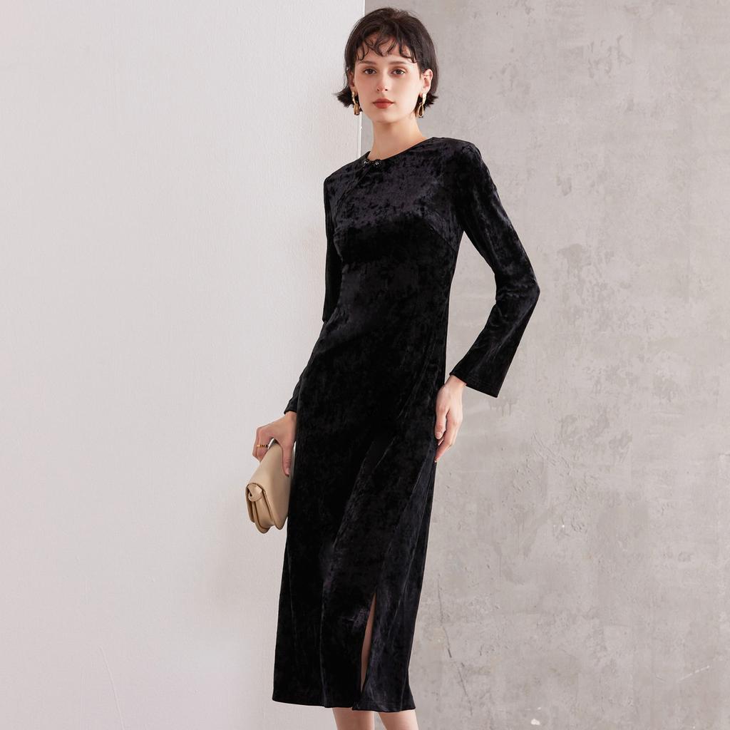 Elegant and fashionable slit design, new Chinese velvet red dress, women's spring and autumn retro buckle, slim fit and slimming effect