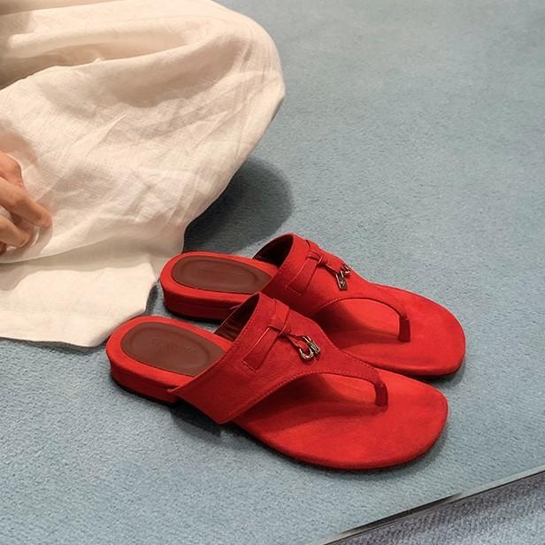 Sheepskin~ navy blue Korean version of flip-flops women's summer wear flat-bottomed leather beach fringed toe cool slippers