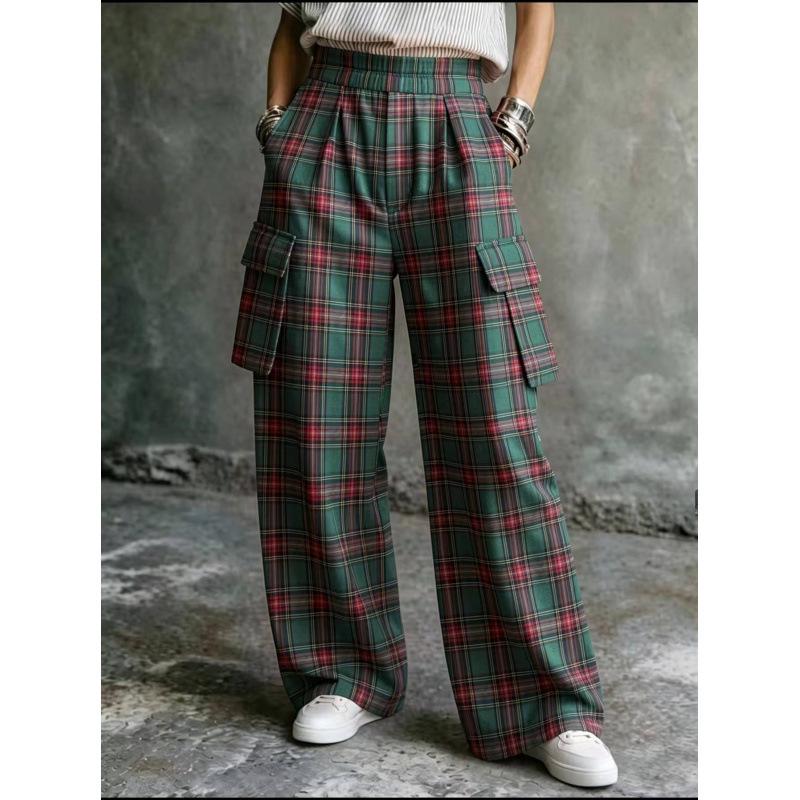 2026 Cross-Season Plaid Elastic Waist Wide-Leg Cargo Pants with Large Pockets