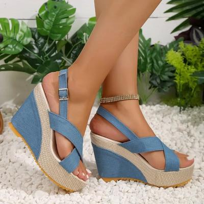 Sexy Peep Toe Platform Wedge Sandals Denim Broadband Ankle Buckle Strap High Heels Shoes Sandales Sandalias