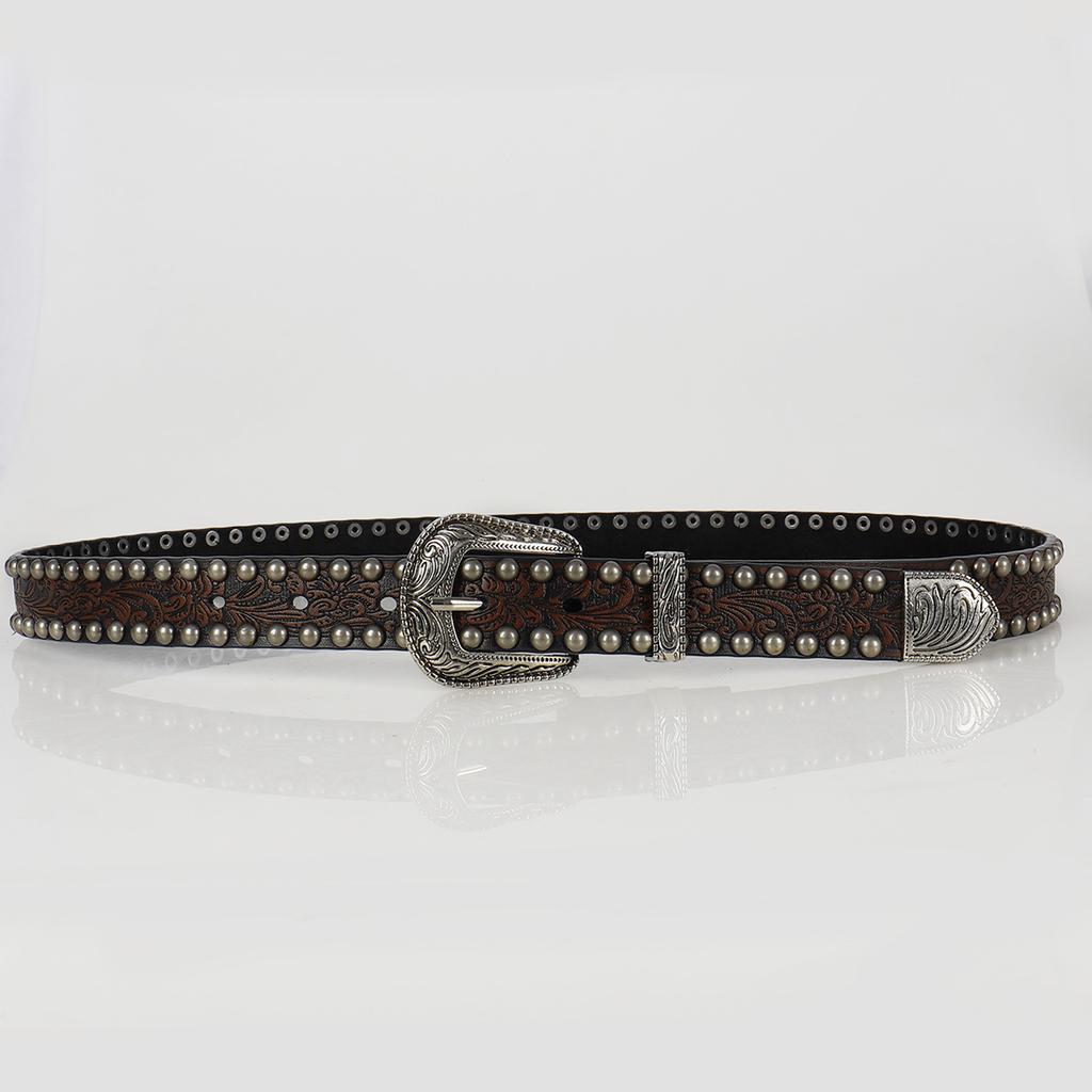 Women's Retro Carved Men's Round Rivet Belt Punk Rock Jeans PU Leather Waist Strap