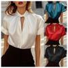 Damen Satin Bluse mit Schlüsselloch-Ausschnitt Kurzarm Elegant Büro Oberteil Mehrere Farben Für Tägliches Und Party Wear