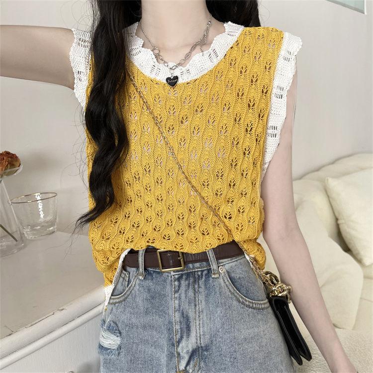 Hollow Sleeveless Vest for Women Niche Color Blocked Loose Knitted Vest Top