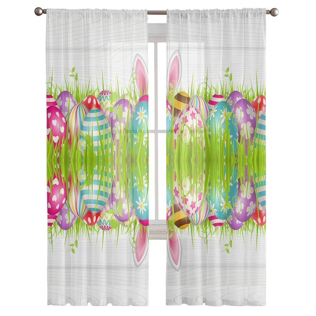 Easter Eggs Grass Rabbit Ears Sheer Tulle Window Curtains For Living Room Bedroom Kitchen Veiling Curtain Home Decoration