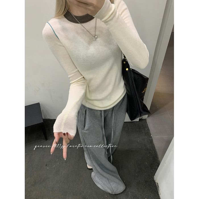 Retro Long-sleeved Sweater, T-shirt, Women's Knitted Sweater, Autumn Slimming and Form-fitting, Laid-back and High-end Base Layer Top