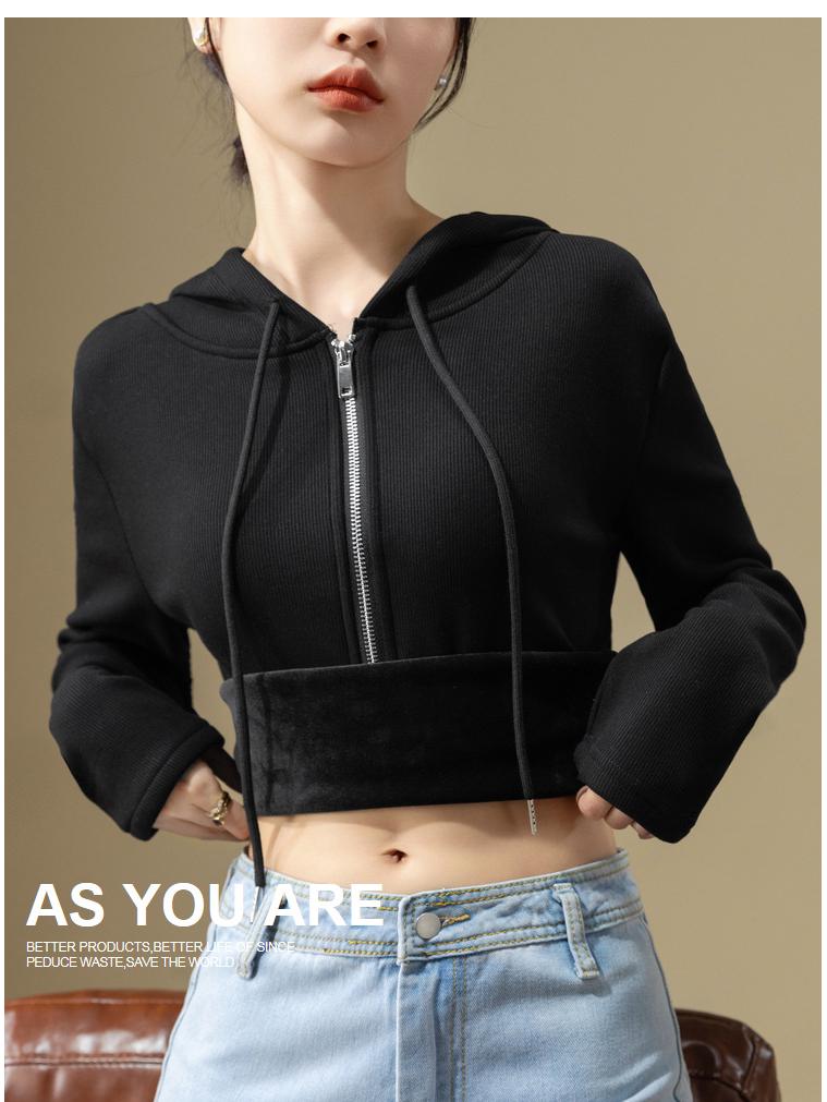 Women's Black Thickened Half-Zip Fleece Hoodie for Autumn/Winter 2025