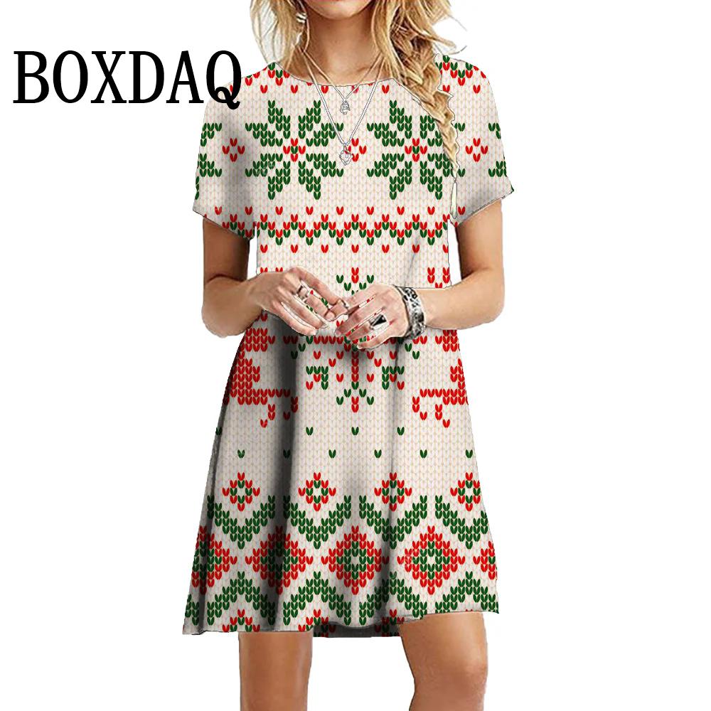 New Year Winter Christmas Deer Snowflake Dresses Women Short Sleeve Loose Tree Fashion Sweet O-Neck Party Dress