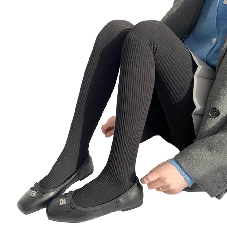 Women Solid Color Thicken Cotton Pantyhose Ribbed Knit Striped Sweater Tights