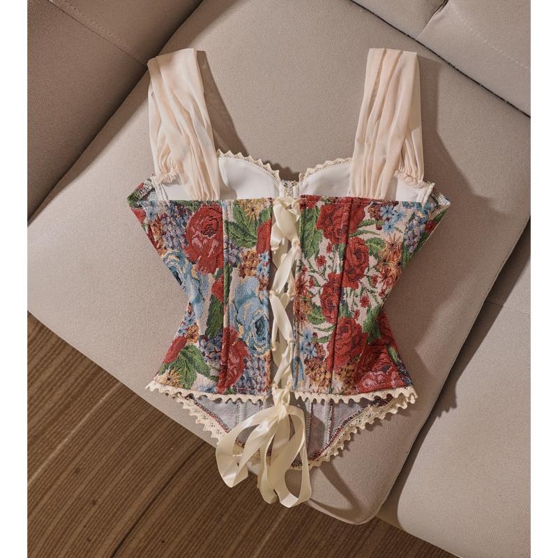 Women Strap Vintage Lingerie Camisole Sleeveless Lace Up Backless Mini  American Retro Slim Sexy Print Tank