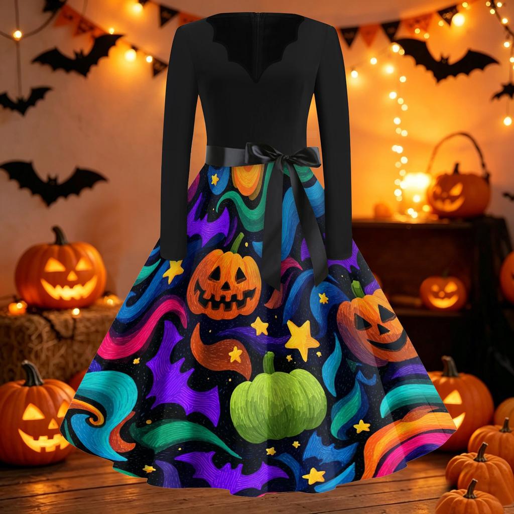 Women's Casual Halloween Print V Neck Retro Dress Long Sleeve Fit and Flare Midi Dress with Waist Tie Vintage Style