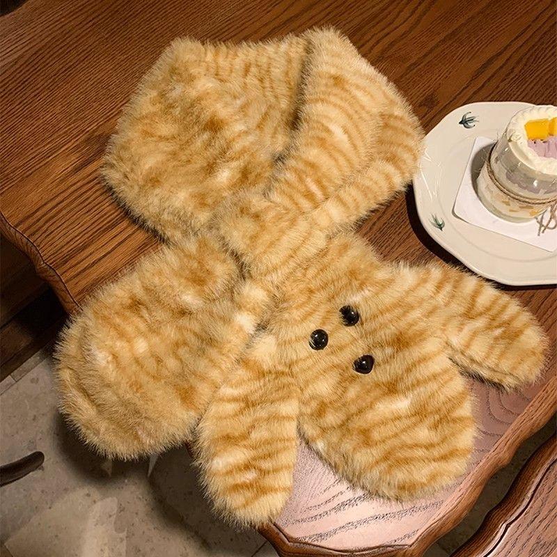 Women's Autumn Winter Tiger Stripe Plush Thickened Cute Scarf Warm Bear Ear Fisherman Hat Cold Proof Warm Neck Warmer