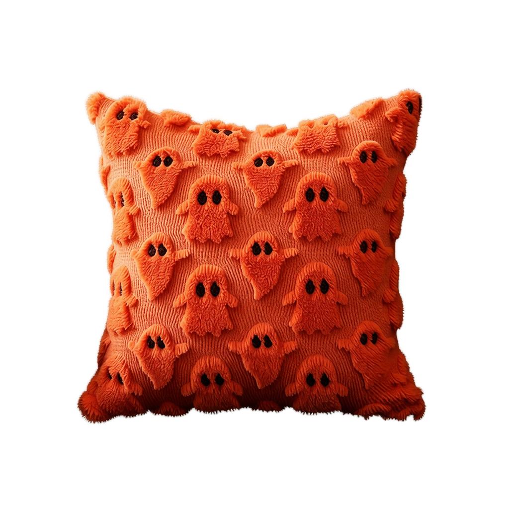 Halloween Plush Pillow Cover Ghost Pattern Decorative Throw Pillow Case Soft Furry Texture Square Cushion Cover for Home Sofa Bed