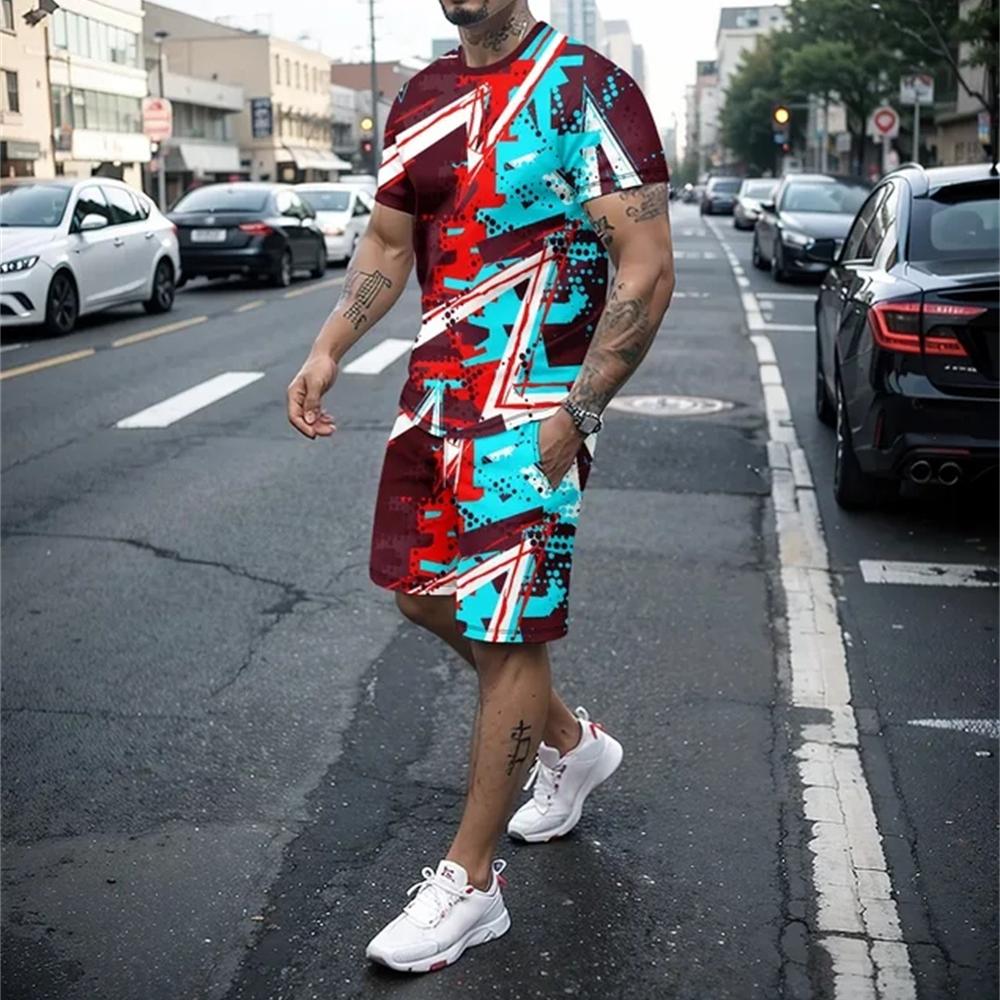 Summer men's casual 3D knife printed T-shirt set fashionable  creative O-neck T-shirt+shorts outdoor trendy sportswear