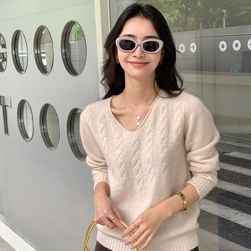 Women's V-Neck Cashmere Sweater - Autumn/Winter Warm, Elegant Knit, Solid Color, Thick Cable Knit Base Layer Top