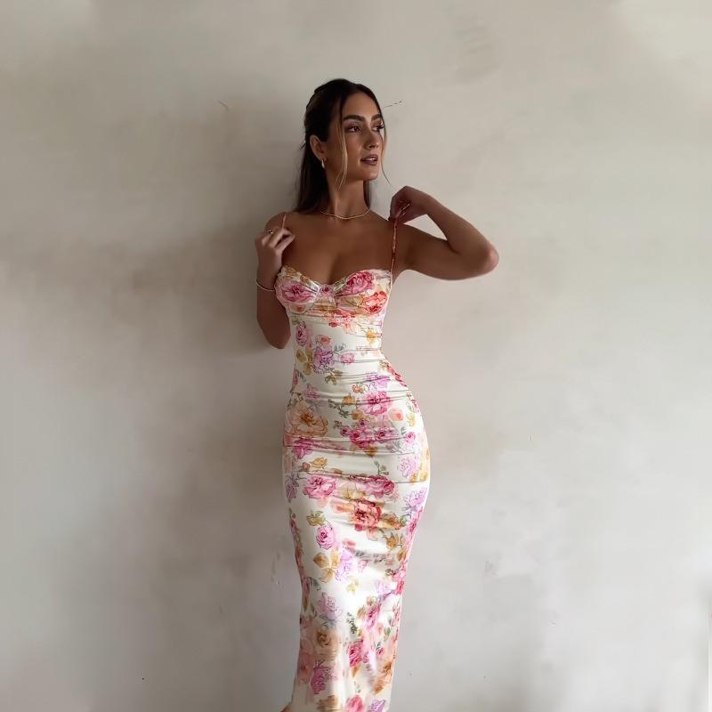 New Fashion Sleeveless Printed Sexy Backless Suspender Dress Slim Fit Elegant Bodycon Summer Party Long Dress Female Streetwear Casual Clothing