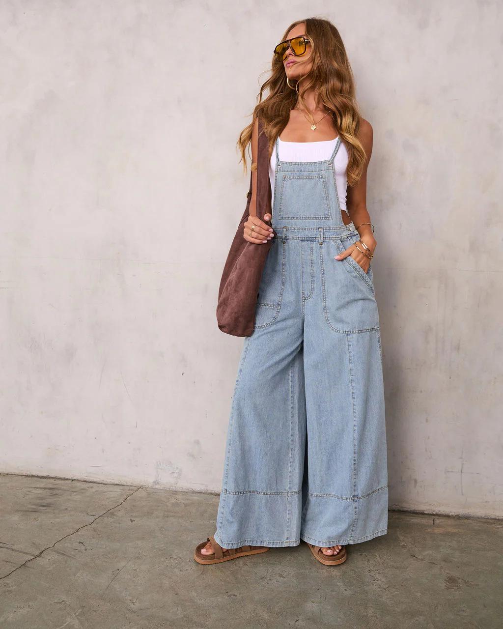 European American Cross-Border Women s Street Style Pocket Wide-Leg Strappy Denim Overalls S