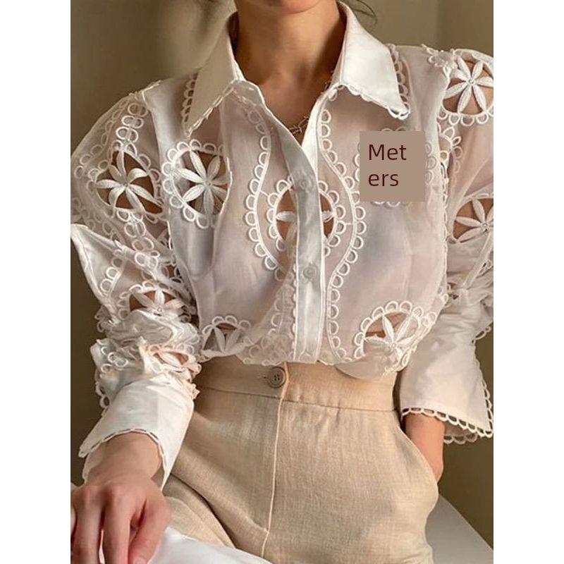 Collar Hollowed out Mesh Pattern Shirt Lapel Hollow out Mesh Pattern Shirts