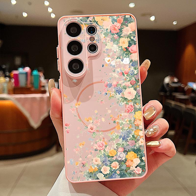 Magnetic For Magsafe Case For Samsung Galaxy S26 Ultra S25 Edge S24 Plus S23 FE S22 A54 A55 A56 5G Flower Garden Pattern Matte Cover