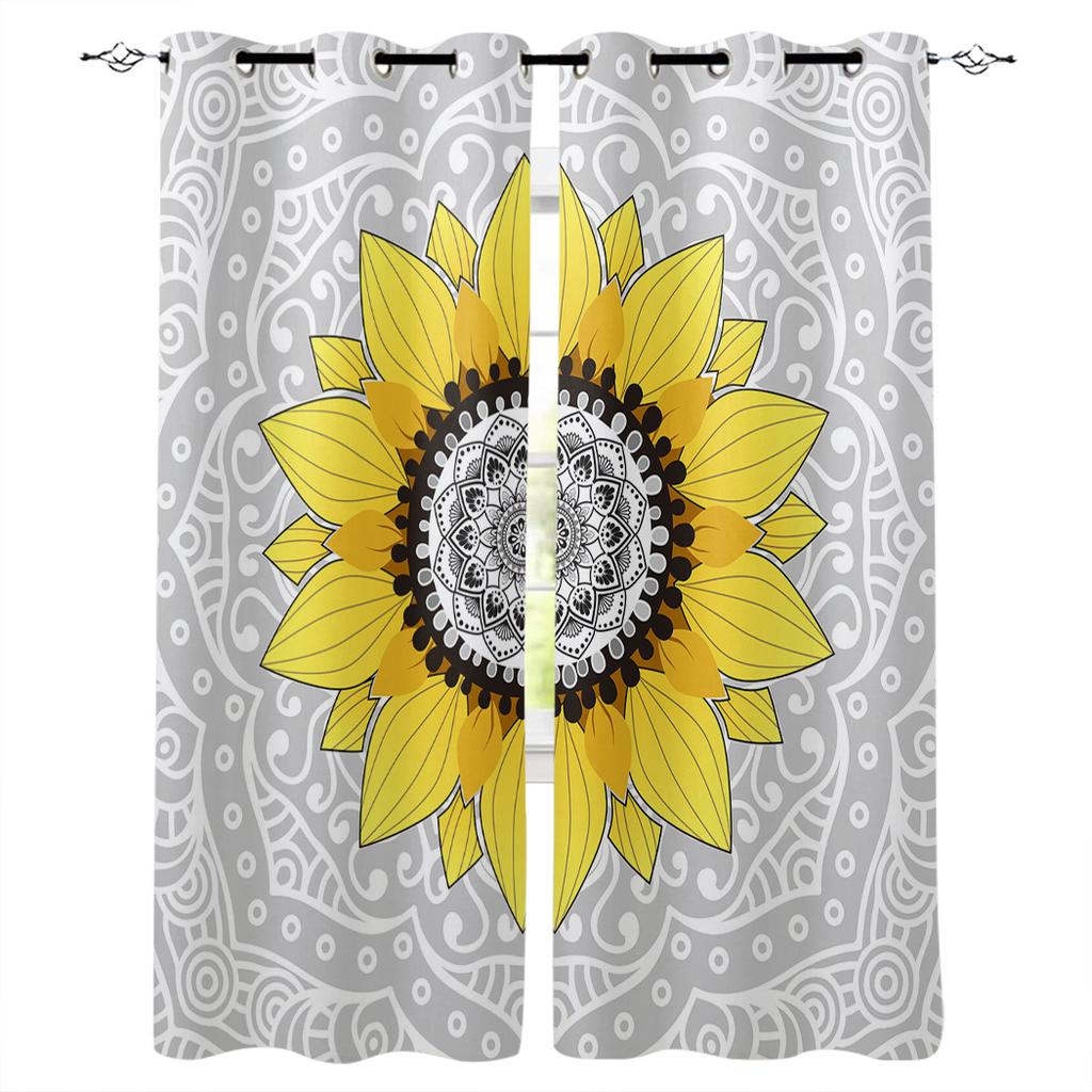 Sunflower And Mandala Teal Green Kitchen Curtains Bedroom Decor Items Curtain Panel Window Curtains for Living Room