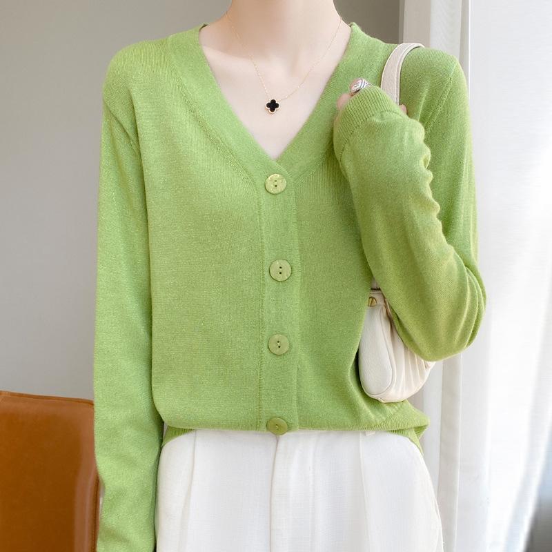 Tricotaj de damă de primăvară și toamnă, scurt, slăbit, cu decolteu în V, de culoare uni, cu cataramă, tricotaj cu mâneci lungi