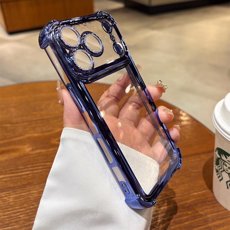 Plating Glitter Transparent Air Cushion Case For iPhone 11 12 13 14 15 16 17 Pro Max 17Air Lens Protection Soft Bumper Cover