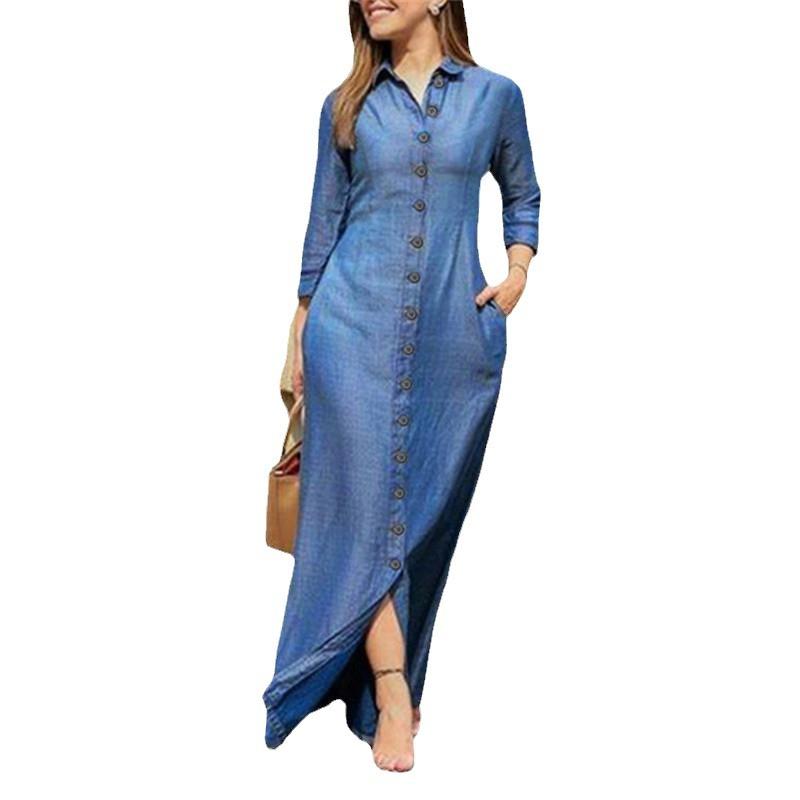 Elegant Women's Long Sleeve Denim Dress - Neutral Style Button-Down Maxi Dress with Lapel Collar and Pockets, Stylish Solid Color Long Dress for Casua