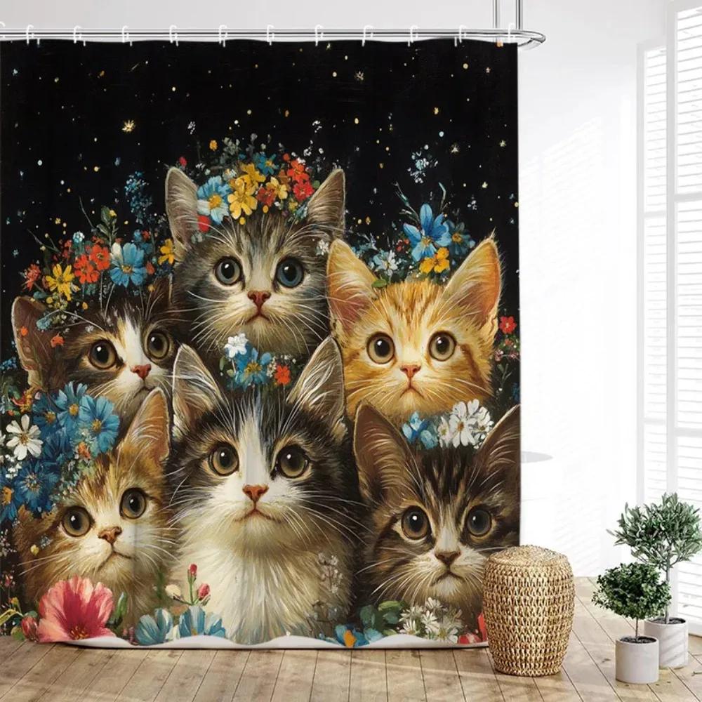 Cute Cats Shower Curtain Vintage Watercolour Floral Plant Animals Pet Kids Bath Curtains Fabric Home Bathroom Decor with Hooks