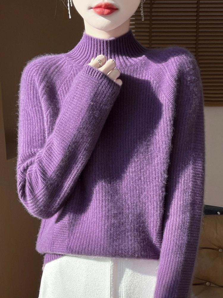 Autumn/Winter Women's Raglan Cashmere Wool Ribbed Pullover Sweater