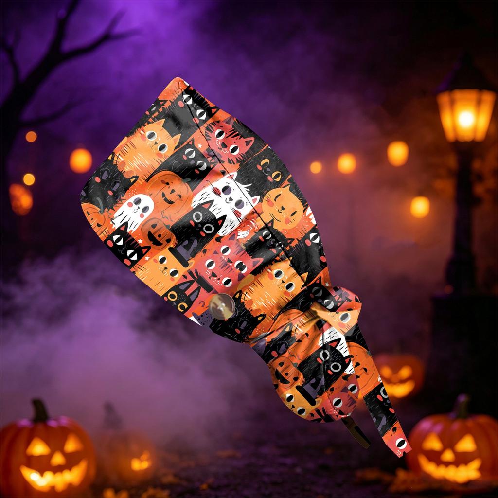 Cappello da Lavoro/Doccia/Scrub con Stampa di Halloween per Capelli a Coda - Multiuso per