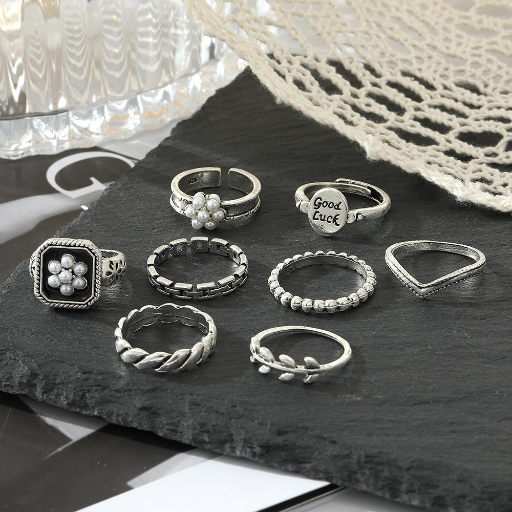 8PCS Vintage Geometric Metal Rings Set Engraved Letters Good Luck Women Trendy Jewelry