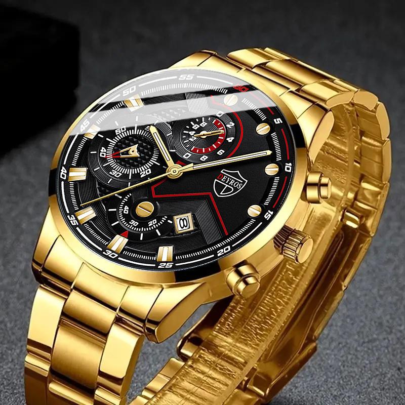 2pcs/set, 1pc Fashion Men's Sports Round Pointer Stainless Steel Quartz Watch & 1pc Bracelet with