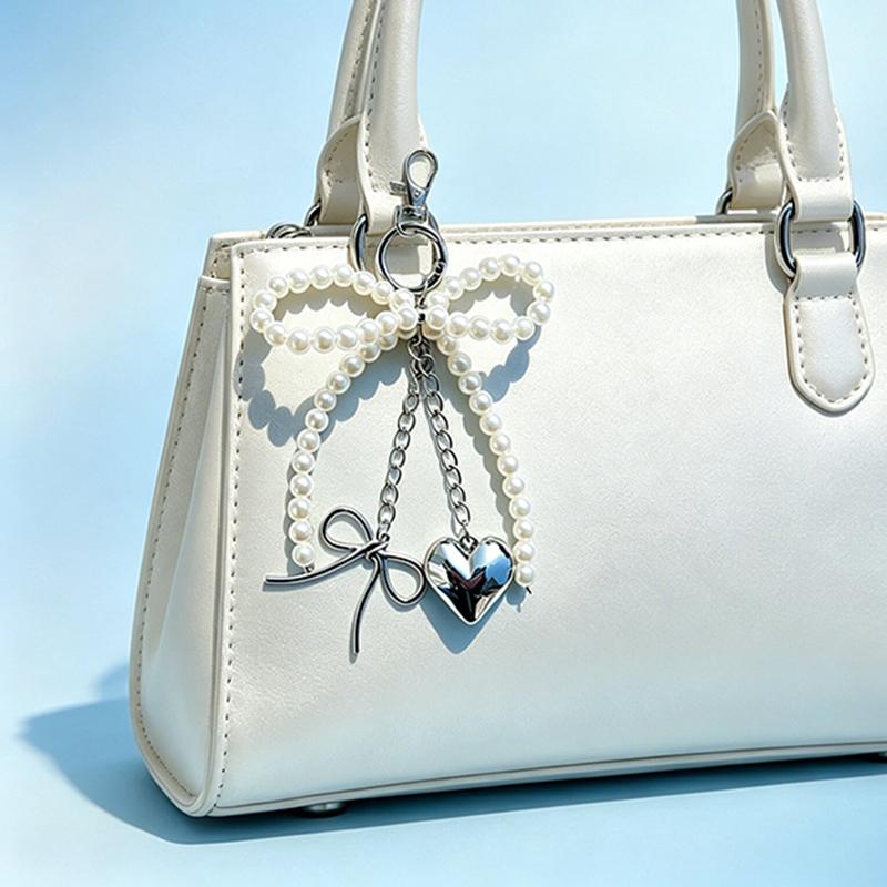 Yogodlns Bowknot Heart Pendant Women Sweet Charm White Pearl Bow Backpack Bags Pendants Decoration Gifts