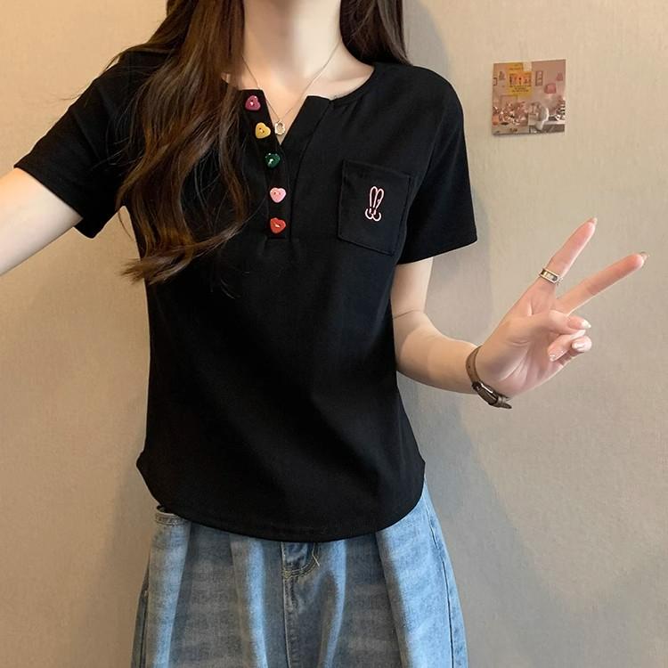 Summer Pure Cotton Irregular Solid T Shirts Women‘s V-neck Short-sleeve T-shirt Casual Slim Elastic Skinny Y2k Top Women Clothes