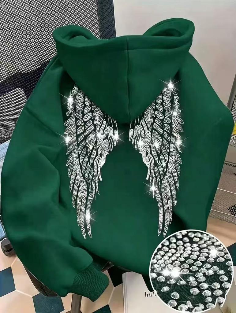 Hanorac cu glugă și mânecă lungă pentru femei, croială regulată, hoodie casual, pulover cu imprimeu aripi cu strasuri, poliester, îmbrăcăminte exterioară fashion