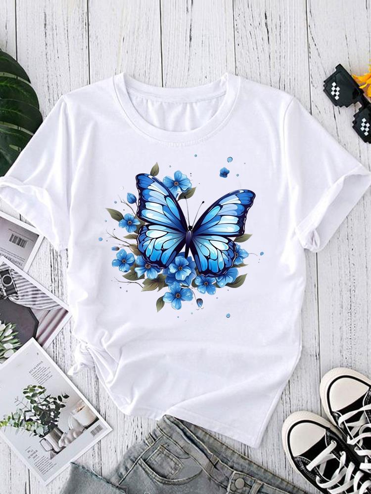 (Asian Size) Tee Fashion Print Casual Top O-neck Short Sleeve T-shirts Sweet Flower Style 90s T Graphic Female Women's Clothing