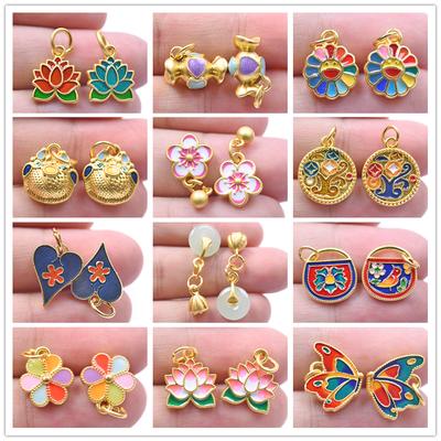 Vintage Ethnisch Chinesisch Goldfarbe 5 Stück Emaille Lotusblume Anhänger Für Schmuckherstellung Zubehör Schmetterling Sonnenblume Herz Anhänger