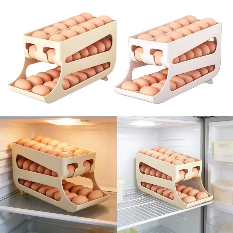 Double Layer Rolling Eggs Storage Container For Fridge With Automatic Slide Out Designs And Protective Eggs Trays