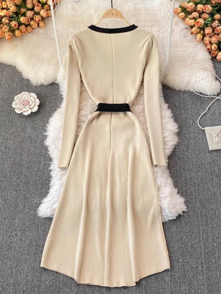 Autumn Elegant Knitting V-neck Long Sleeve Dress Women Fashion Retro Lace Up Bow Dresses Female France Warm Thin Slim Knit Dress New