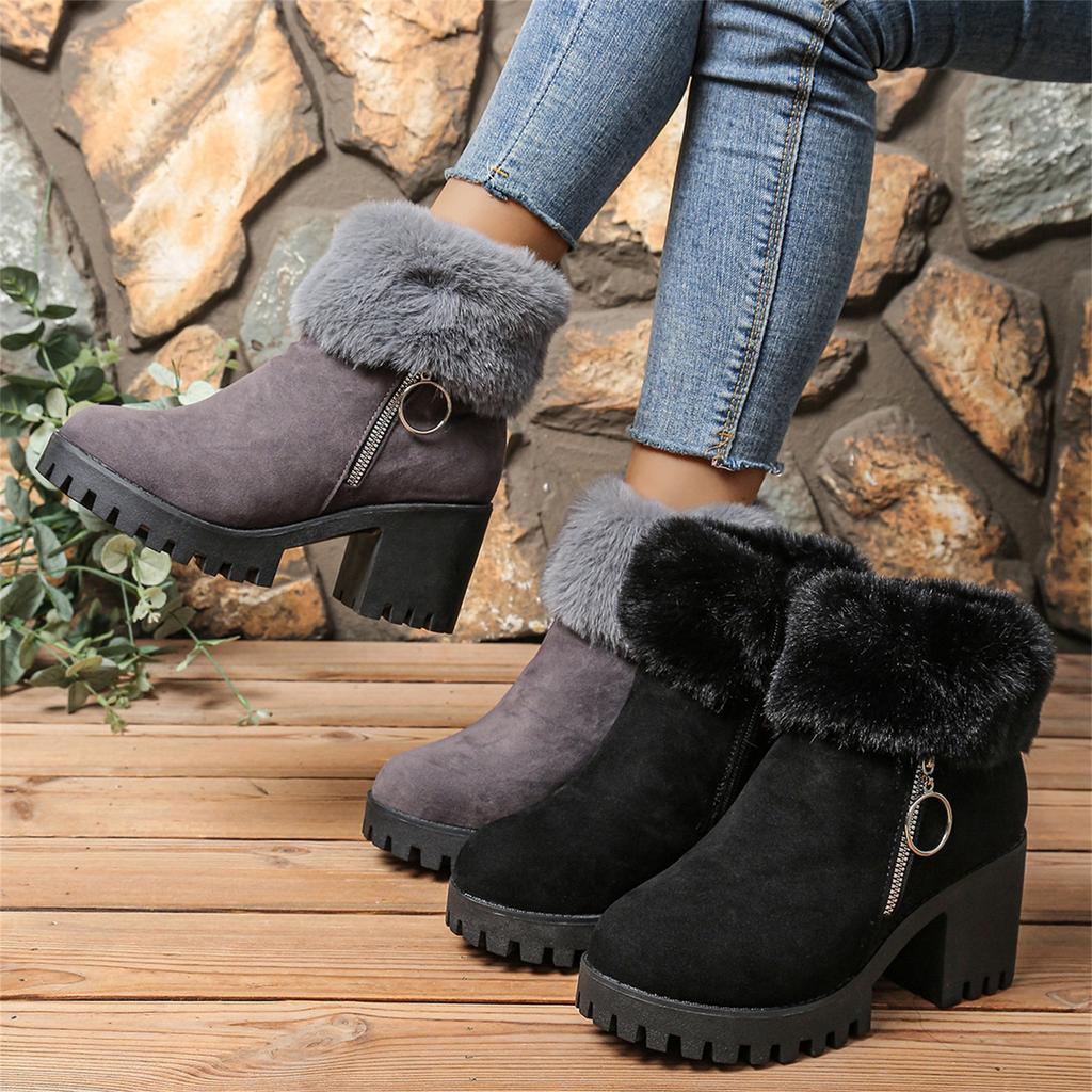 Women's Plus Size Fashion -Lined Warm Side Zip Round Toe Heel Casual Boots