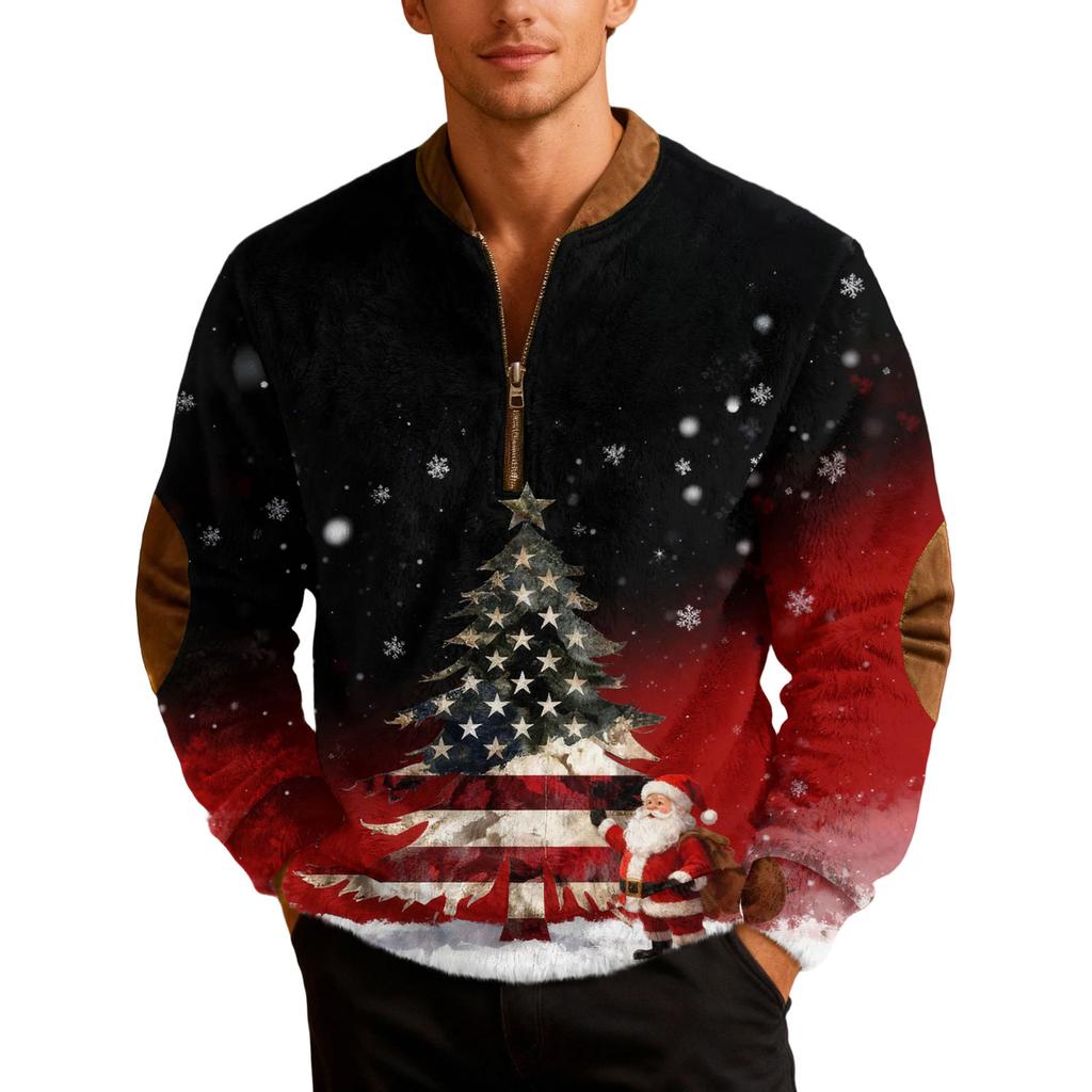 Men's Casual Christmas Print Zip-Up Sweatshirt for Holiday Party and Winter Wear