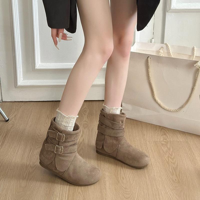 Fashion Suede Booties Autumn New Round Toe Sleeve Metal Buckle Non-Slip Wear-Resistant Flats